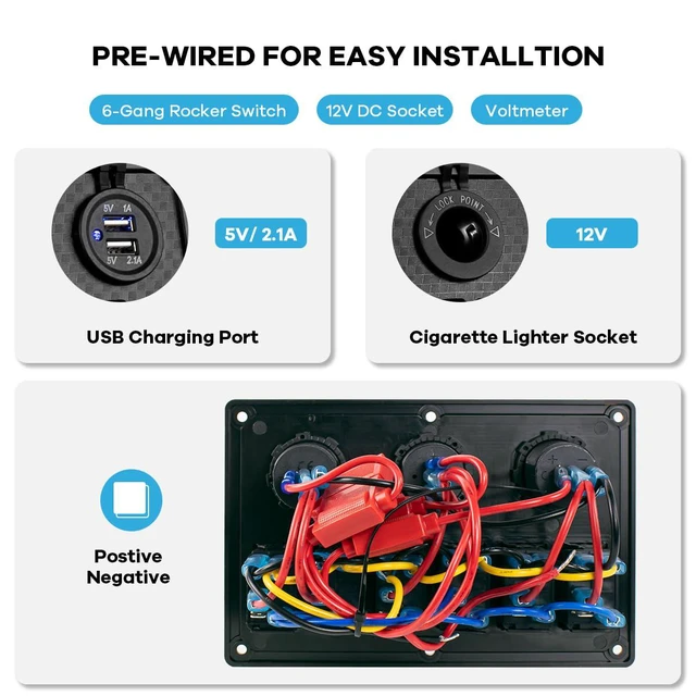 Alt view image 2 of 7 - Marine Boat Switches Panel Waterproof 12V 6 Gang Rocker Switch Panel with USB Sl