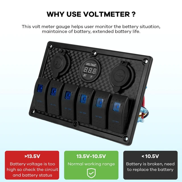 Alt view image 3 of 7 - Marine Boat Switches Panel Waterproof 12V 6 Gang Rocker Switch Panel with USB Sl