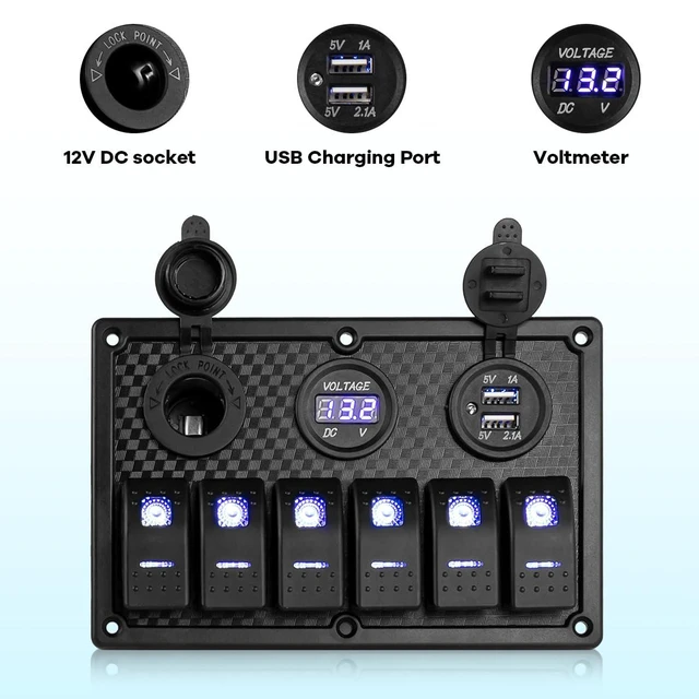 Alt view image 4 of 7 - Marine Boat Switches Panel Waterproof 12V 6 Gang Rocker Switch Panel with USB Sl