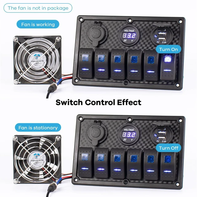 Alt view image 5 of 7 - Marine Boat Switches Panel Waterproof 12V 6 Gang Rocker Switch Panel with USB Sl