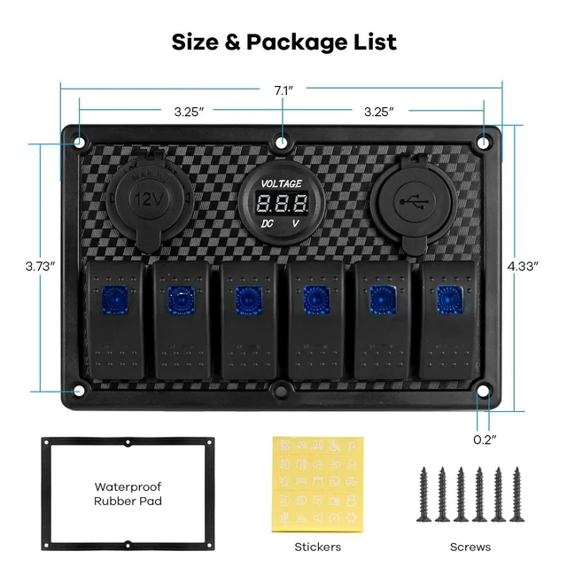 Alt view image 6 of 7 - Marine Boat Switches Panel Waterproof 12V 6 Gang Rocker Switch Panel with USB Sl