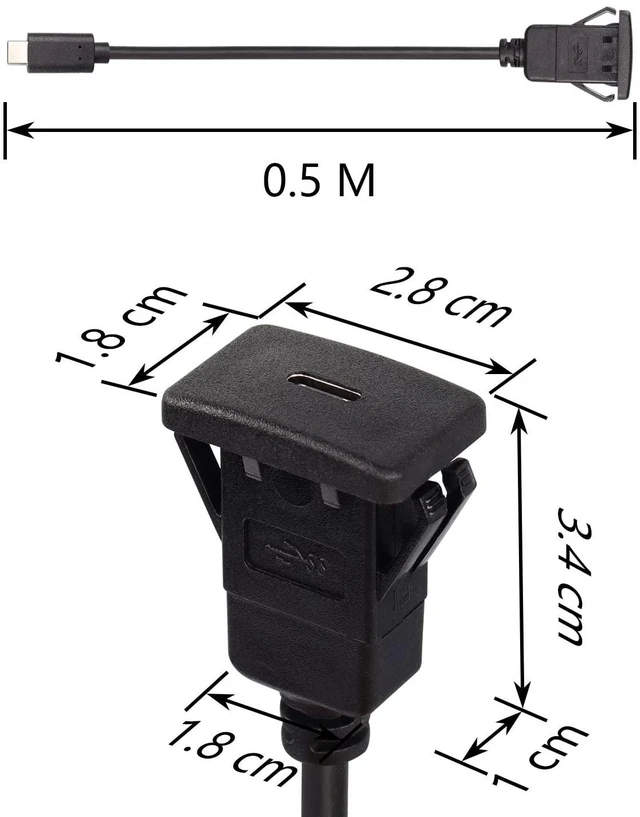 Alt view image 5 of 6 - 0.5m USB C 2.0 Male to Female Square Flush Mount Panel Extension Cable for Car,
