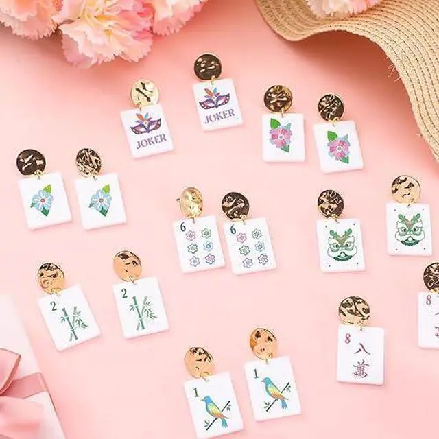 Alt view image 2 of 6 - Highergo 16 Pcs Mahjong Earrings Women Acrylic Mahjong Dangle Earrings Funny Geometric Creative Earring for Women Friendship Jewelry Gifts