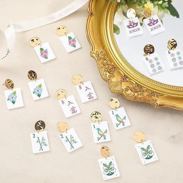 Alt view image 3 of 6 - Highergo 16 Pcs Mahjong Earrings Women Acrylic Mahjong Dangle Earrings Funny Geometric Creative Earring for Women Friendship Jewelry Gifts