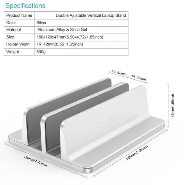 Alt view image 4 of 5 - N17-2 Adjustable Width Aluminum Laptop Vertical Stand, Desktop Vertical Holder with 2 Slots Non-Slip Silicone Mat, Scratch-Resistant, Adjustable Width with Screwdriver For MacBook