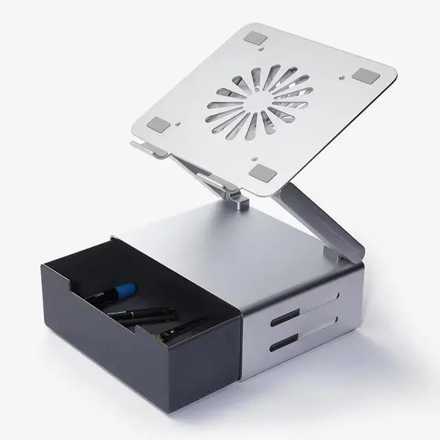 Alt view image 4 of 5 - N48 Foldable Laptop Cooling Stand with Fan, Drawer Storage, and USB Hub Stepless Angle Adjustment, Ergonomic Notebook Riser for 12-17 Inch Laptops Protects Cervical Spine