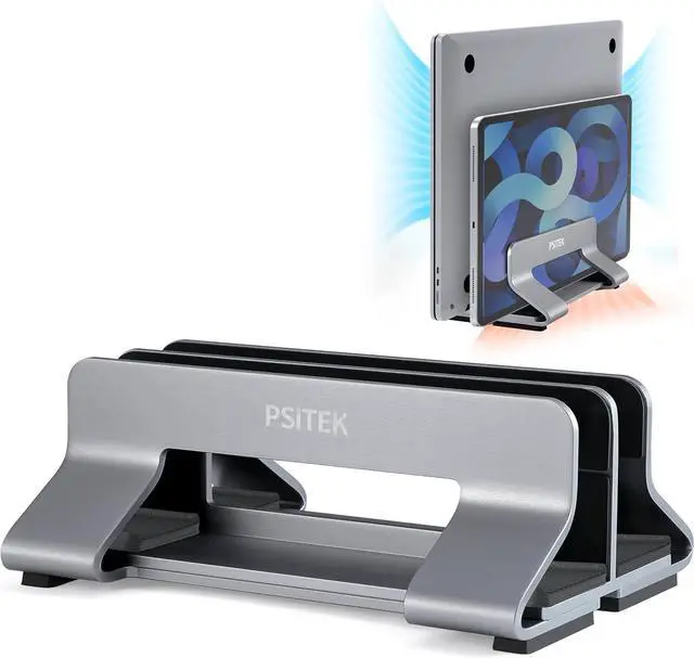 Main image of Aluminum Dual Vertical Laptop Stand Dock Holder, Supports 2 Devices, Adjustable Slot Width 15-36mm, Space-Saving Upright Storage for MacBook and Laptops