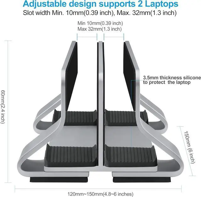 Alt view image 4 of 6 - Aluminum Dual Vertical Laptop Stand Dock Holder, Supports 2 Devices, Adjustable Slot Width 15-36mm, Space-Saving Upright Storage for MacBook and Laptops