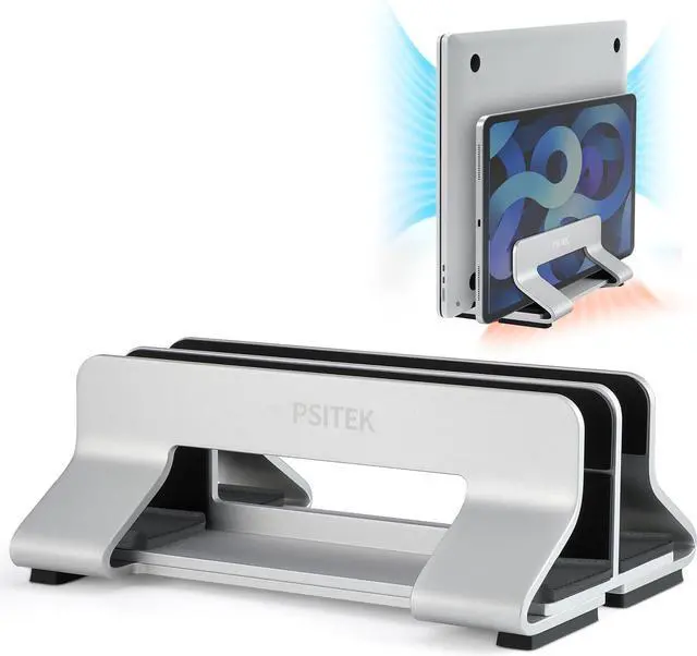 Main image of Aluminum Dual Vertical Laptop Stand Dock Holder, Supports 2 Devices, Adjustable Slot Width 15-36mm, Space-Saving Upright Storage for MacBook and Laptops
