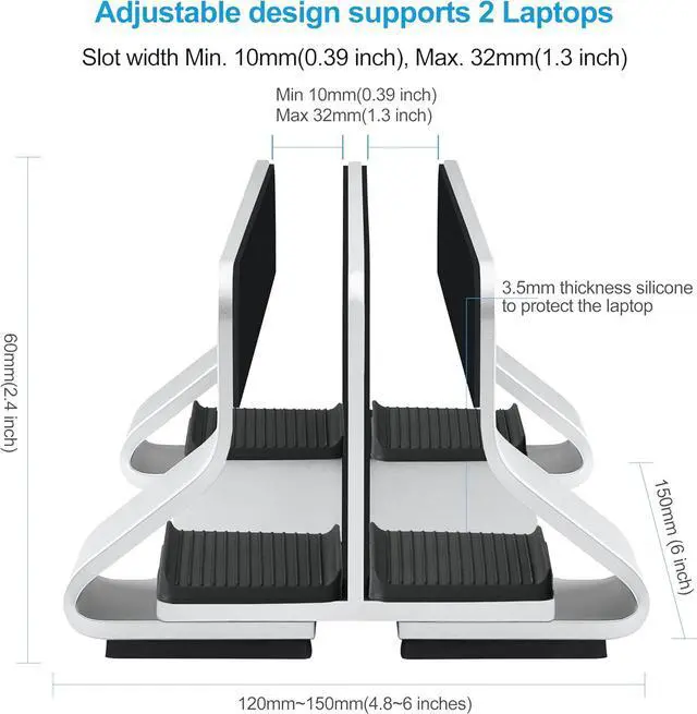 Alt view image 6 of 6 - Aluminum Dual Vertical Laptop Stand Dock Holder, Supports 2 Devices, Adjustable Slot Width 15-36mm, Space-Saving Upright Storage for MacBook and Laptops