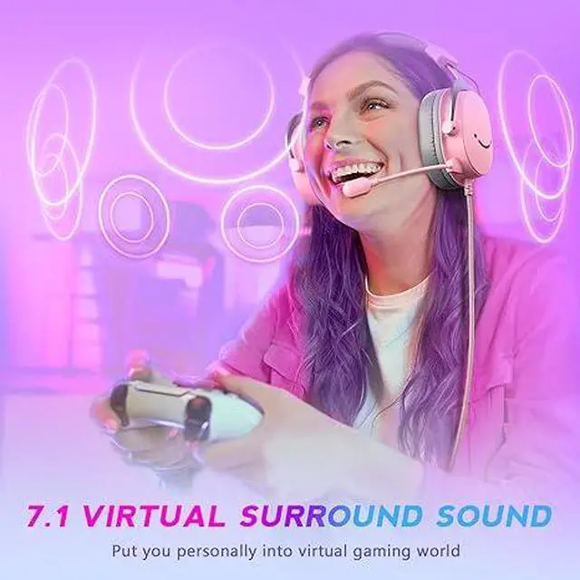Alt view image 5 of 5 - USB Gaming Headset, PC Over-Ear Wired Streaming Headset with 3.5mm Jack, Detachable Microphone, 7.1 Surround Sound, Control Box, Passive Noise Cancellation, for PS5/Xbox/Switch-H9 Pink