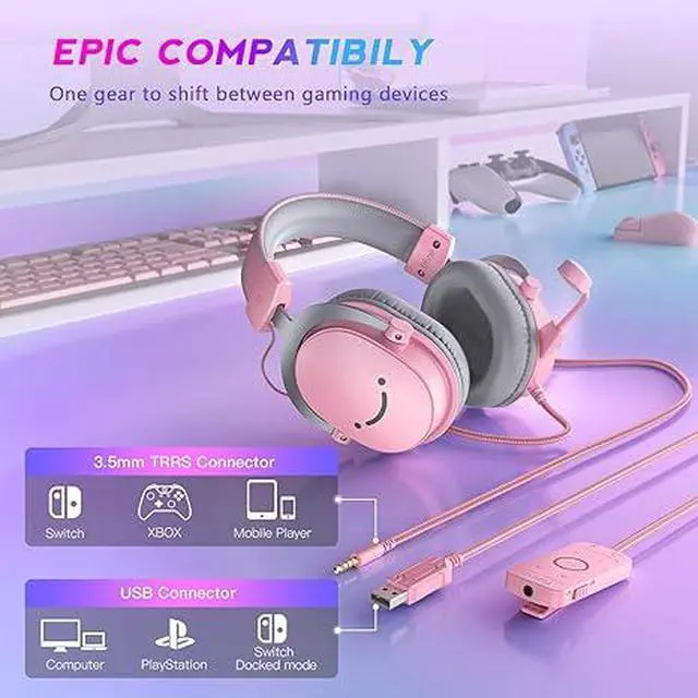 Alt view image 4 of 5 - USB Gaming Headset, PC Over-Ear Wired Streaming Headset with 3.5mm Jack, Detachable Microphone, 7.1 Surround Sound, Control Box, Passive Noise Cancellation, for PS5/Xbox/Switch-H9 Pink