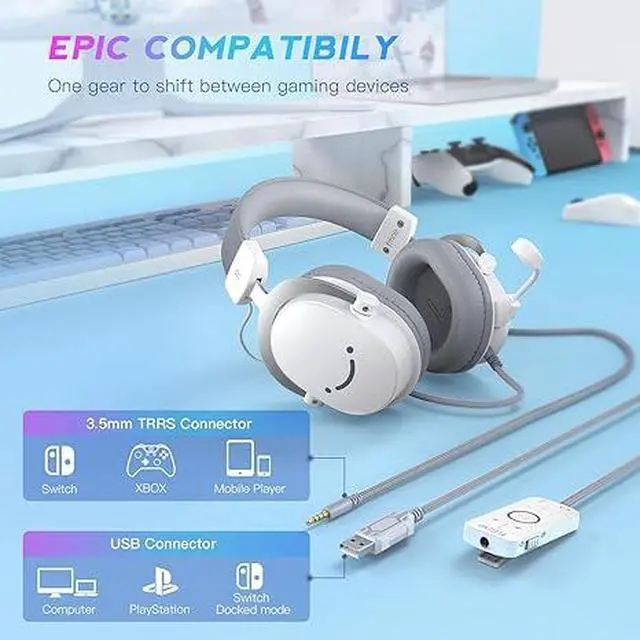 Alt view image 4 of 5 - USB PC Gaming Headset with 3.5mm Audio Jack, Detachable Microphone, 7.1 Surround Sound, Volume Control, Streaming Over-Ear Wired Headphones for Computer, PS5, Controller, Xbox-H9 White
