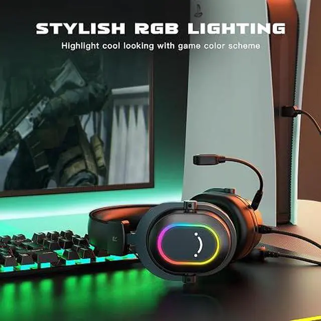 Alt view image 2 of 5 - Gaming Headset for PC-Wired Headphones with Microphone-7.1 Surround Sound Computer USB Headset for Laptop, Streaming Headphones on PS4/PS5, with EQ Mode, RGB, Soft Ear Pads - AmpliGame H6
