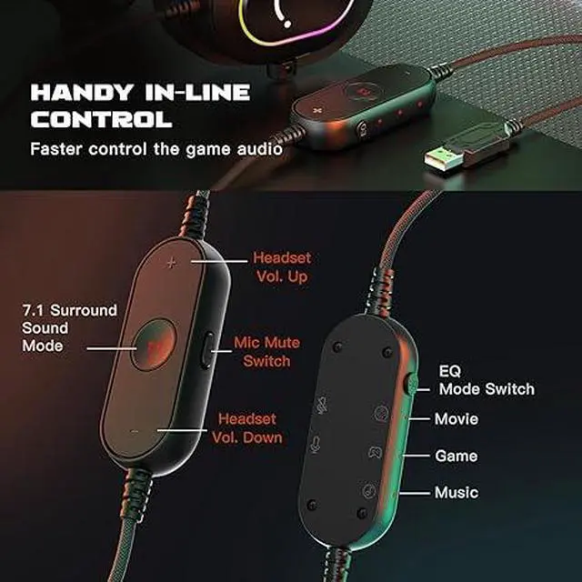 Alt view image 3 of 5 - Gaming Headset for PC-Wired Headphones with Microphone-7.1 Surround Sound Computer USB Headset for Laptop, Streaming Headphones on PS4/PS5, with EQ Mode, RGB, Soft Ear Pads - AmpliGame H6