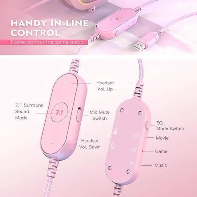 Alt view image 2 of 5 - PC Gaming Headset, USB Wired Headset with Microphone, 7.1 Surround Sound, in-Line Control, Computer RGB Over-Ear Headphones for PS4/PS5, for Streaming/Game Voice/Video-AmpliGame H6 (Pink)