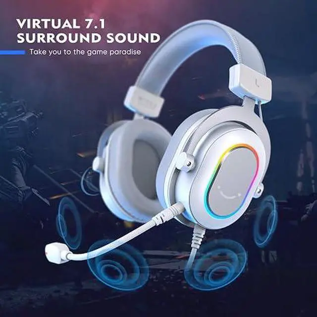 Alt view image 2 of 6 - USB Gaming Headset, PC Headphones Wired with Microphone for Computer/Laptop, Over-Ear RGB Headset with 7.1 Surround Sound, Noise Cancellation for Streaming Video Game- AmpliGame H6 (White)