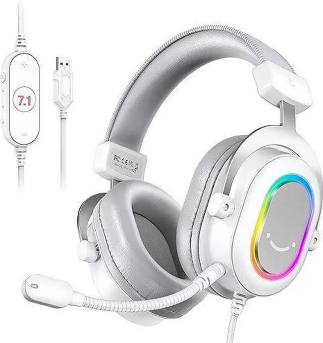 Main image of USB Gaming Headset, PC Headphones Wired with Microphone for Computer/Laptop, Over-Ear RGB Headset with 7.1 Surround Sound, Noise Cancellation for Streaming Video Game- AmpliGame H6 (White)