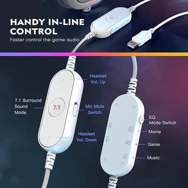 Alt view image 3 of 6 - USB Gaming Headset, PC Headphones Wired with Microphone for Computer/Laptop, Over-Ear RGB Headset with 7.1 Surround Sound, Noise Cancellation for Streaming Video Game- AmpliGame H6 (White)