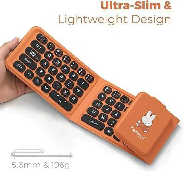 Alt view image 2 of 7 - Triple-Fold Bluetooth Keyboard - Magnetic Fold Design with Integrated Touchpad & Numeric Keypad, Bluetooth 5.0 (3 Devices), Rechargeable 5.6mm Slim, Premium Leather - Orange