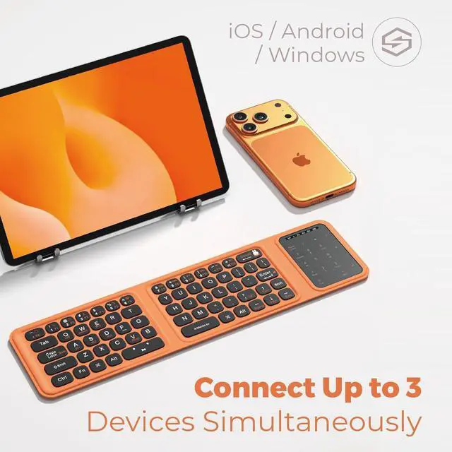 Alt view image 7 of 7 - Triple-Fold Bluetooth Keyboard - Magnetic Fold Design with Integrated Touchpad & Numeric Keypad, Bluetooth 5.0 (3 Devices), Rechargeable 5.6mm Slim, Premium Leather - Orange