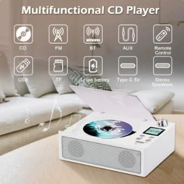 Alt view image 2 of 4 - Portable Retro CD Player with Bluetooth, USB, TF Card & FM Radio, Rechargeable Home Stereo Speaker System with Remote Control, MP3 CD Player