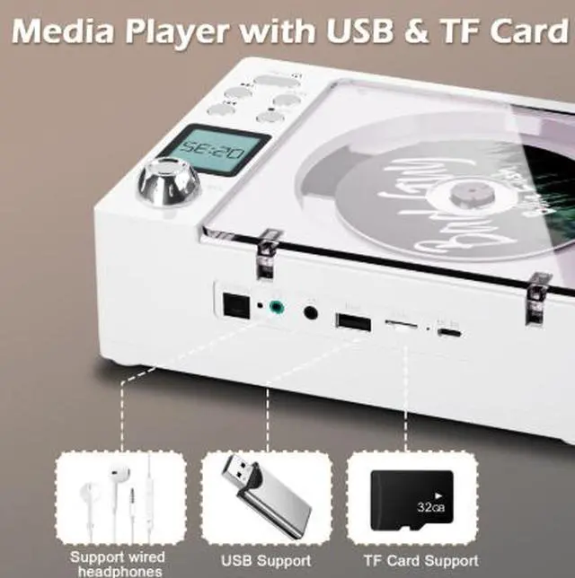 Alt view image 4 of 4 - Portable Retro CD Player with Bluetooth, USB, TF Card & FM Radio, Rechargeable Home Stereo Speaker System with Remote Control, MP3 CD Player