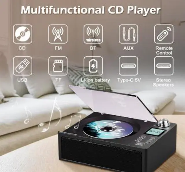 Alt view image 2 of 4 - Portable Retro CD Player with Bluetooth, USB, TF Card & FM Radio, Rechargeable Home Stereo Speaker System with Remote Control, MP3 CD Player Black