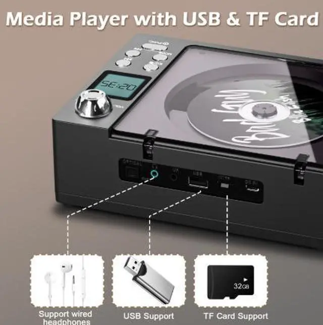 Alt view image 4 of 4 - Portable Retro CD Player with Bluetooth, USB, TF Card & FM Radio, Rechargeable Home Stereo Speaker System with Remote Control, MP3 CD Player Black