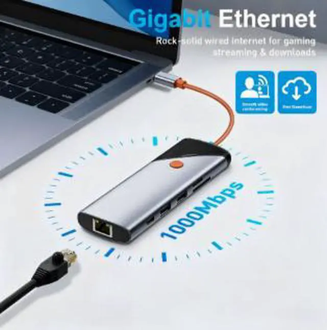 Alt view image 3 of 5 - AP-104 9-in-1 USB-C Hub with 4K@60Hz HDMI, Gigabit Ethernet, SD/TF Card Reader, USB 3.0 Ports, PD 100W Charging, One-Click Screen Lock for Laptop & MacBook