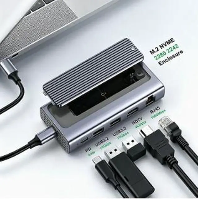 Alt view image 4 of 4 - USB-C Hub with M.2 SSD Enclosure, 6-in-1 USB 3.2 Gen 2 Docking Station, 10Gbps Data Transfer, 4K@60Hz HDMI, Gigabit Ethernet, PD 100W Charging for Laptop MacBook