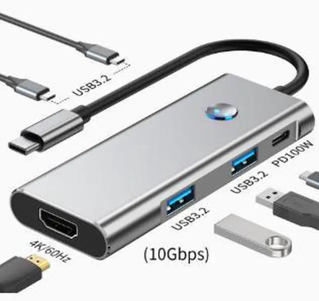 Alt view image 2 of 5 - 6-in-1 USB-C Hub with 4K@60Hz HDMI, USB 3.2 Data Ports, USB-C PD 100W Charging, One-Touch Screen Lock, Multiport Adapter for Laptop, Tablet & Gaming Devices