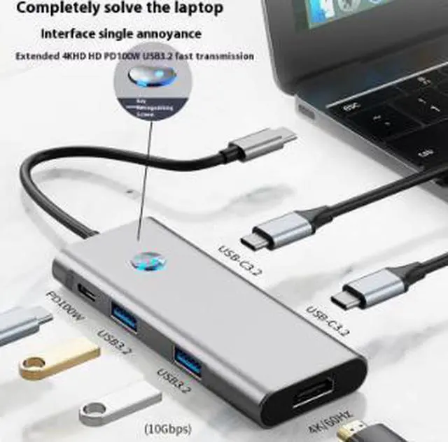 Alt view image 3 of 5 - 6-in-1 USB-C Hub with 4K@60Hz HDMI, USB 3.2 Data Ports, USB-C PD 100W Charging, One-Touch Screen Lock, Multiport Adapter for Laptop, Tablet & Gaming Devices