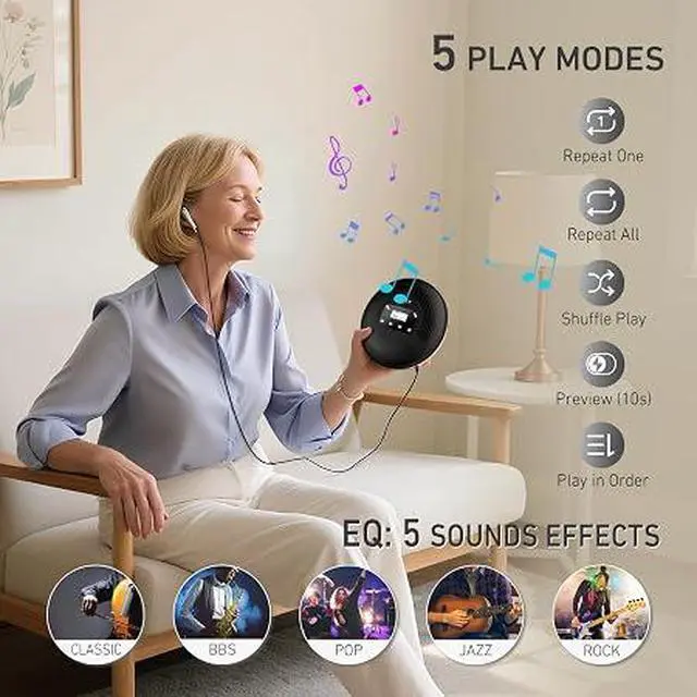 Alt view image 3 of 5 - CD903TF Portable CD Player with Bluetooth and FM Transmitter with Touch Buttons Backlight,Rechargeable with AUX Cable,CD Player Shockproof for Car