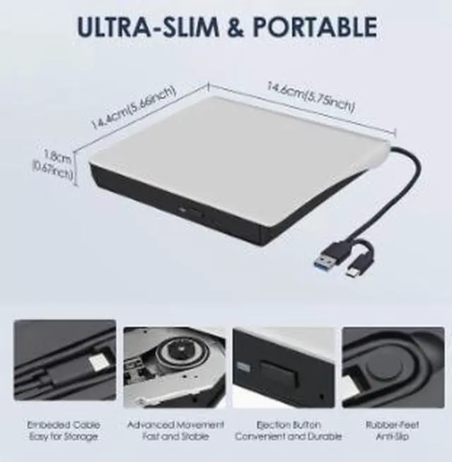 Alt view image 2 of 5 - External USB 3.0 DVD Drive Burner, USB Type-C Portable CD DVD RW Drive with Tray Loading, Plug & Play Optical Drive for Laptop Desktop PC Mac Computer
