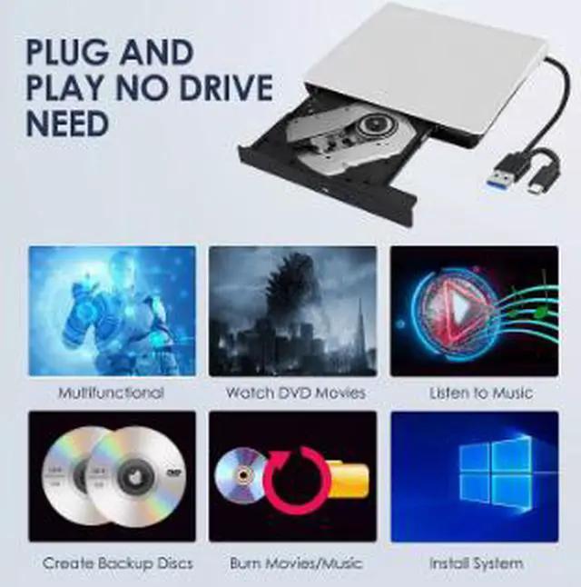 Alt view image 3 of 5 - External USB 3.0 DVD Drive Burner, USB Type-C Portable CD DVD RW Drive with Tray Loading, Plug & Play Optical Drive for Laptop Desktop PC Mac Computer