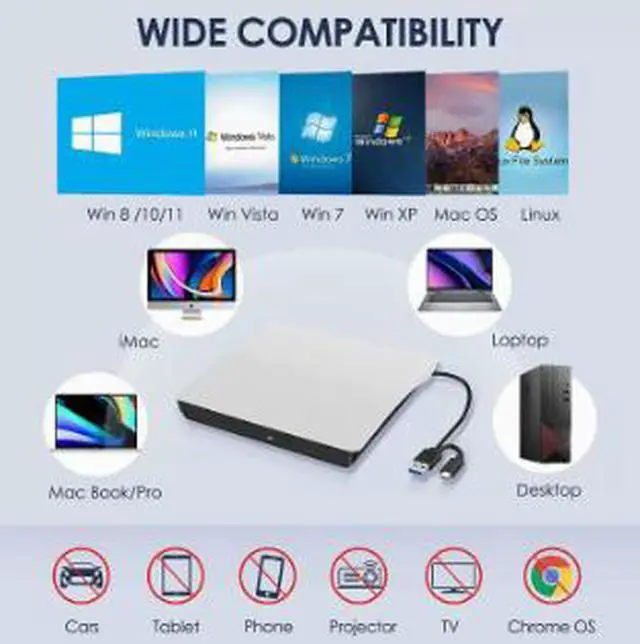 Alt view image 4 of 5 - External USB 3.0 DVD Drive Burner, USB Type-C Portable CD DVD RW Drive with Tray Loading, Plug & Play Optical Drive for Laptop Desktop PC Mac Computer