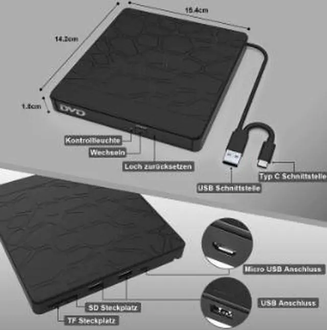 Alt view image 2 of 5 - 5-in-1 External DVD Burner with USB Hub & Card Reader, USB 3.0 Type-C Portable CD DVD RW Drive, SD TF Card Reader Optical Drive for Laptop Desktop PC Mac