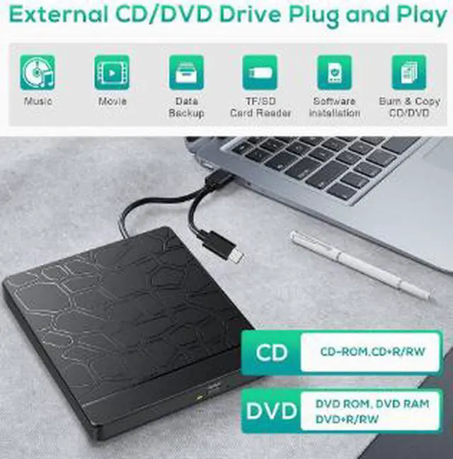 Alt view image 4 of 5 - 5-in-1 External DVD Burner with USB Hub & Card Reader, USB 3.0 Type-C Portable CD DVD RW Drive, SD TF Card Reader Optical Drive for Laptop Desktop PC Mac