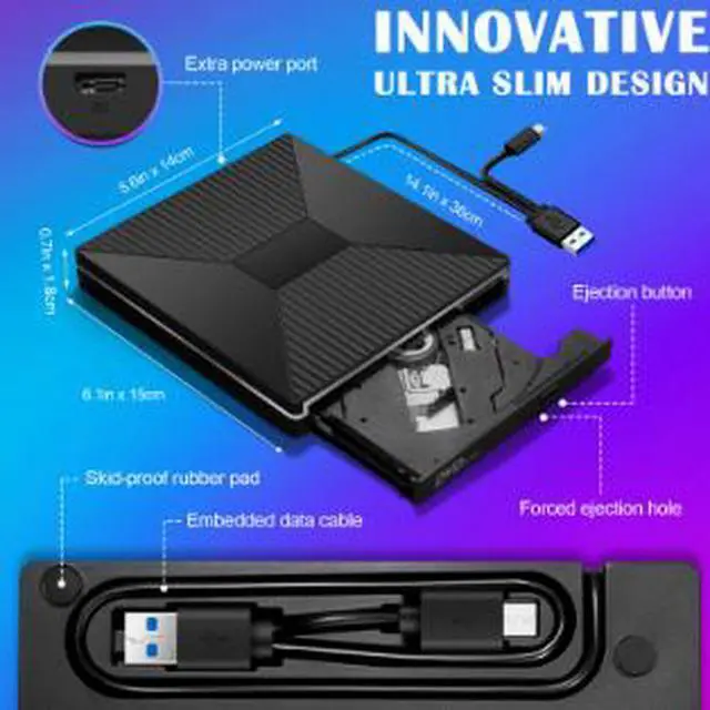 Alt view image 3 of 4 - 7-in-1 External DVD Burner with 2 USB-A & 2 USB-C Hub, Portable USB Optical Drive CD DVD RW Writer for Laptop Desktop PC Mac Computer