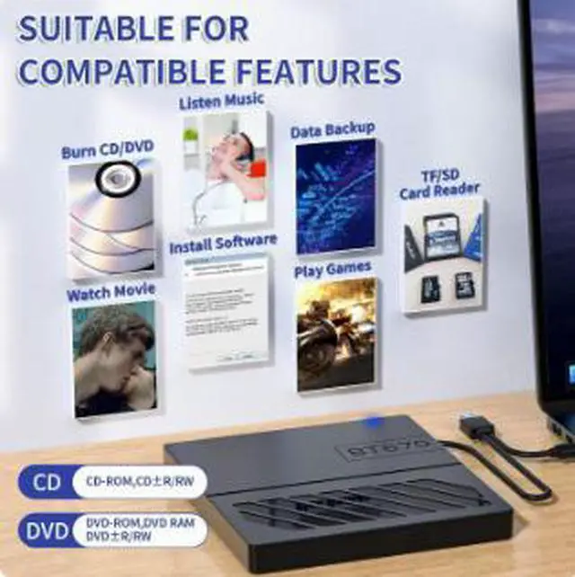 Alt view image 4 of 5 - 7-in-1 External DVD Burner with USB 3.0 Type-C Hub, Portable CD DVD RW Writer with SD TF Card Reader, Slim Optical Drive for Laptop Desktop PC Mac Computer