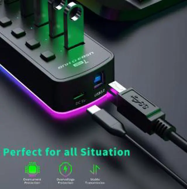 Alt view image 2 of 4 - RGB 7-Port USB 3.0 Hub, 5Gbps High Speed USB Splitter Expansion Hub with Multiple Ports for Laptop Desktop PC Keyboard Mouse Flash Drive