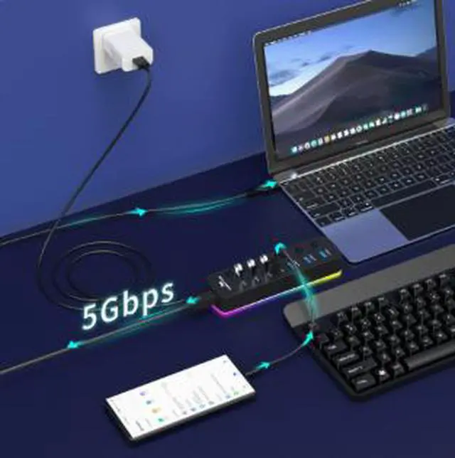 Alt view image 3 of 4 - RGB 7-Port USB 3.0 Hub, 5Gbps High Speed USB Splitter Expansion Hub with Multiple Ports for Laptop Desktop PC Keyboard Mouse Flash Drive