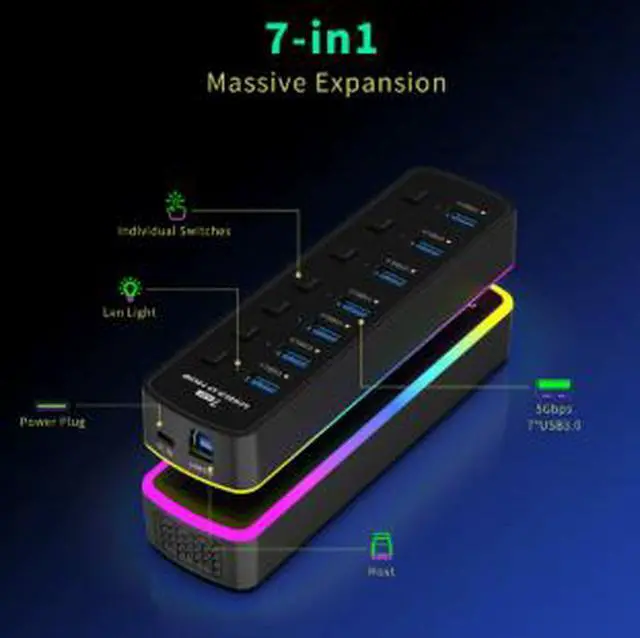 Alt view image 4 of 4 - RGB 7-Port USB 3.0 Hub, 5Gbps High Speed USB Splitter Expansion Hub with Multiple Ports for Laptop Desktop PC Keyboard Mouse Flash Drive