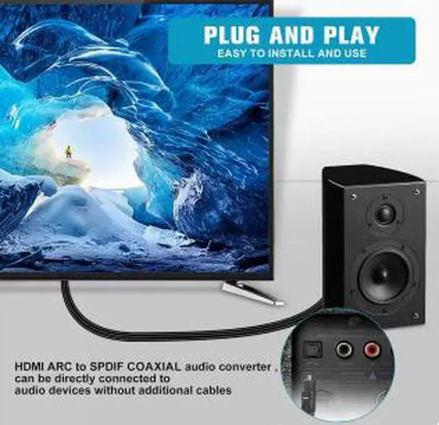 Alt view image 4 of 5 - HDMI ARC/eARC to Optical Audio Converter Cable, 192KHz ARC Audio Extractor Adapter with SPDIF Optical Output, 5.1 Channel Audio Converter for TV Soundbar Speaker