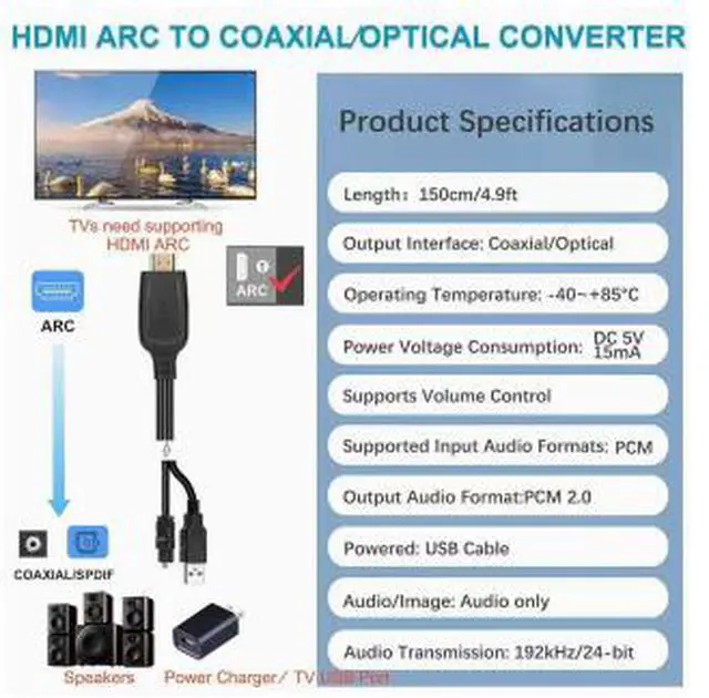 Alt view image 5 of 5 - HDMI ARC/eARC to Optical Audio Converter Cable, 192KHz ARC Audio Extractor Adapter with SPDIF Optical Output, 5.1 Channel Audio Converter for TV Soundbar Speaker