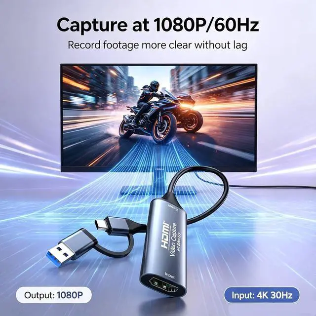 Alt view image 4 of 7 - HDMI to USB-C Video Capture Card, 4K Input 1080P@60HZ Video Audio Capture | Game Live Streaming & Recording, Compatible with Switch, PS4/PS5, OBS, Zoom, iPad, MacBook, Camera, Laptops, Phones, TV Boxe