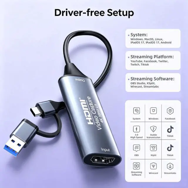 Alt view image 2 of 7 - HDMI to USB-C Video Capture Card, 4K Input 1080P@60HZ Video Audio Capture | Game Live Streaming & Recording, Compatible with Switch, PS4/PS5, OBS, Zoom, iPad, MacBook, Camera, Laptops, Phones, TV Boxe