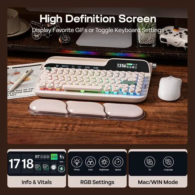 Alt view image 4 of 7 - Glyph Wireless Typewriter Retro Mechanical Keyboard, Screen & Knob & Lever, Wrist Rest, Round PBT Keycap, Hot Swap, RGB, Custom Software, Top-Mount, 75% Creamy Keyboard for PC/MAC