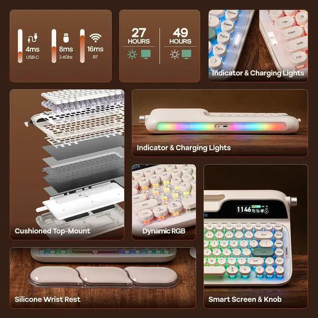 Alt view image 7 of 7 - Glyph Wireless Typewriter Retro Mechanical Keyboard, Screen & Knob & Lever, Wrist Rest, Round PBT Keycap, Hot Swap, RGB, Custom Software, Top-Mount, 75% Creamy Keyboard for PC/MAC
